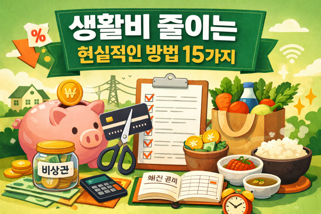 생활비 절약 방법을 상징적으로 표현한 일러스트 이미지로 돼지 저금통, 장보기 식재료, 가계부, 계산기 등이 함께 배치되어 생활비를 줄이는 현실적인 방법을 나타낸 그림