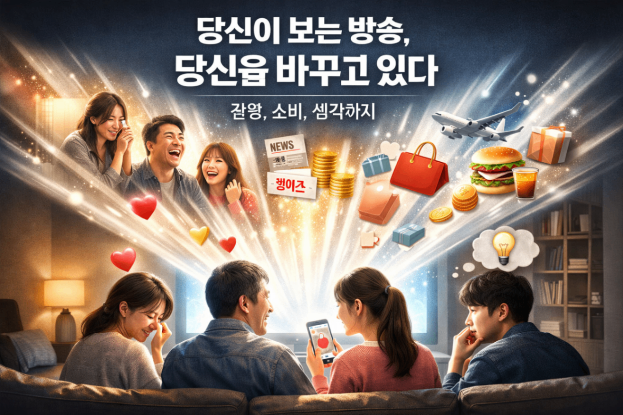 거실에서 가족이 TV를 시청하는 가운데 화면에서 나오는 빛이 감정, 소비, 생각으로 확장되며 사람들에게 영향을 주는 모습을 시각적으로 표현한 이미지
