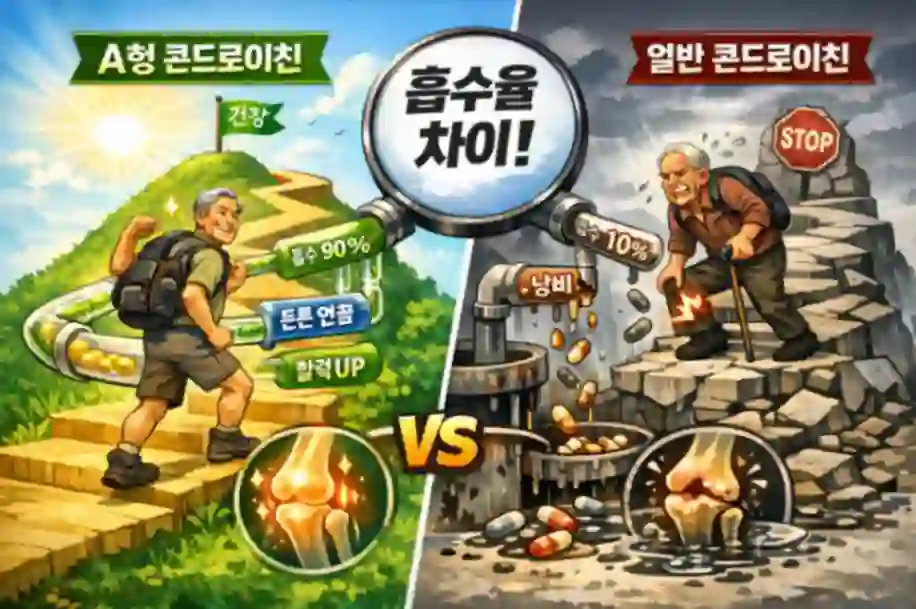 A형 콘드로이친과 일반 콘드로이친의 흡수율 차이와 관절 건강 효과를 비교한 이미지