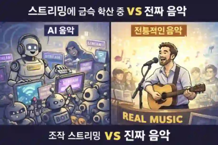 AI 음악과 가짜 스트리밍 조작 구조와 실제 음악 창작의 차이를 비교한 풍자 이미지