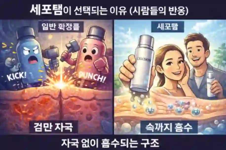일반 화장품의 자극적인 흡수 방식과 세포랩의 저자극 깊은 흡수 구조 차이를 보여주는 비교 이미지