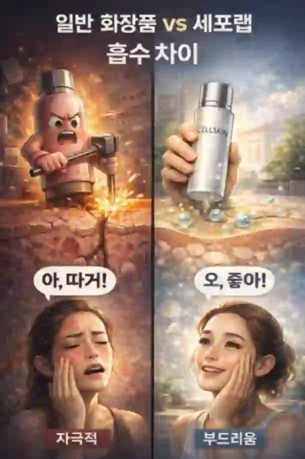 일반 화장품의 자극적인 피부 손상과 세포랩의 자연스러운 흡수 차이를 사실적으로 표현한 이미지