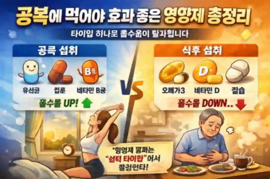 공복과 식후 영양제 섭취 차이를 비교한 인포그래픽으로 유산균, 철분, 비타민B는 공복에서 흡수율이 높고 오메가3, 비타민D, 칼슘은 식후 섭취가 더 효과적인 구조를 설명하는 이미지
