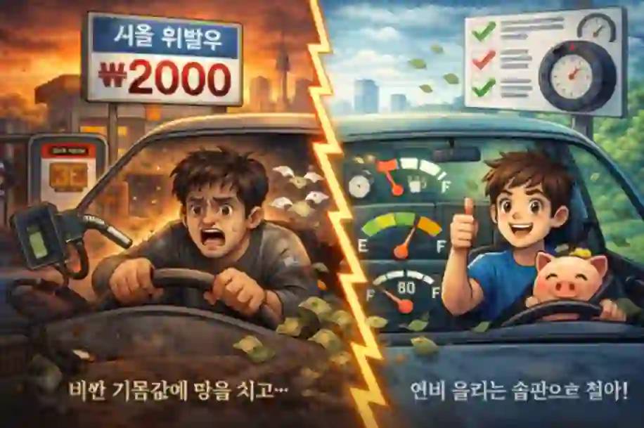 서울 휘발유 가격 상승 상황에서 연비가 나쁜 운전과 좋은 운전 습관을 비교한 풍자 이미지