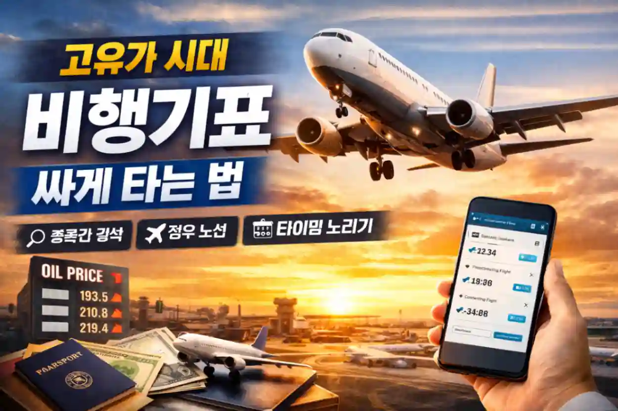 고유가 시대 항공권 가격 상승 상황에서 비행기표를 저렴하게 예약하는 방법을 설명하는 이미지