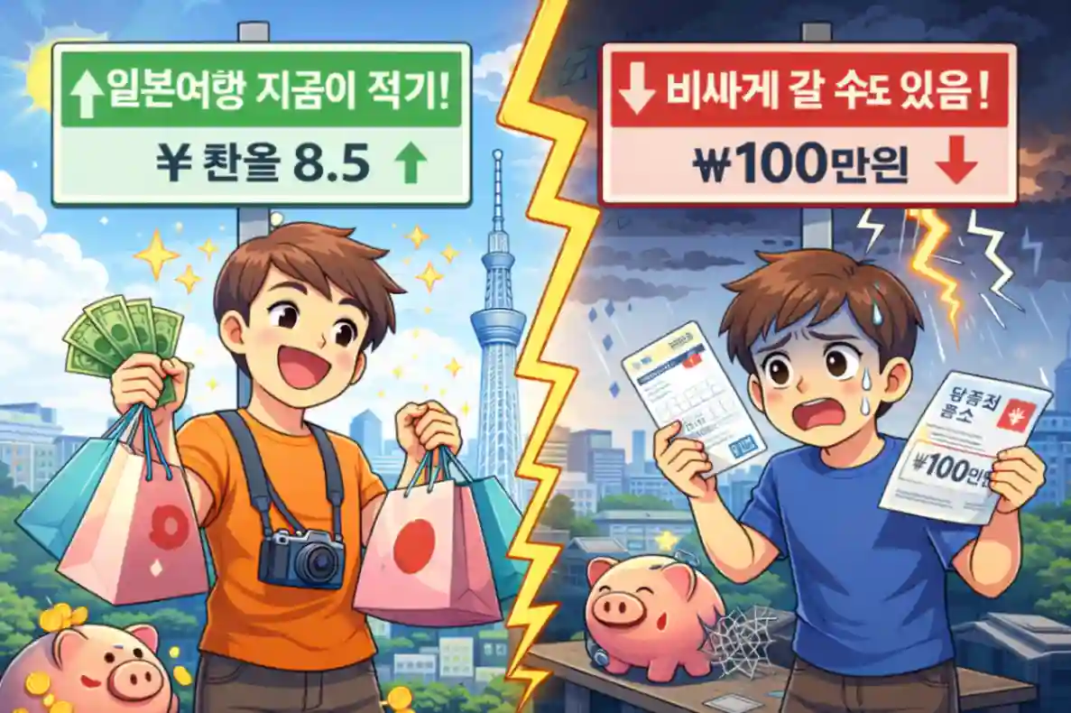 일본여행 시기에 따라 저렴하게 가는 경우와 비싸게 가는 경우를 비교한 풍자 이미지