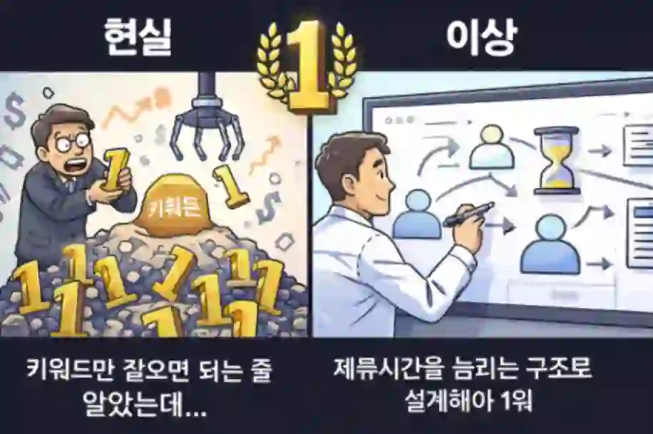 키워드 중심 글쓰기와 체류시간 기반 콘텐츠 구조 차이를 보여주는 SEO 풍자 이미지