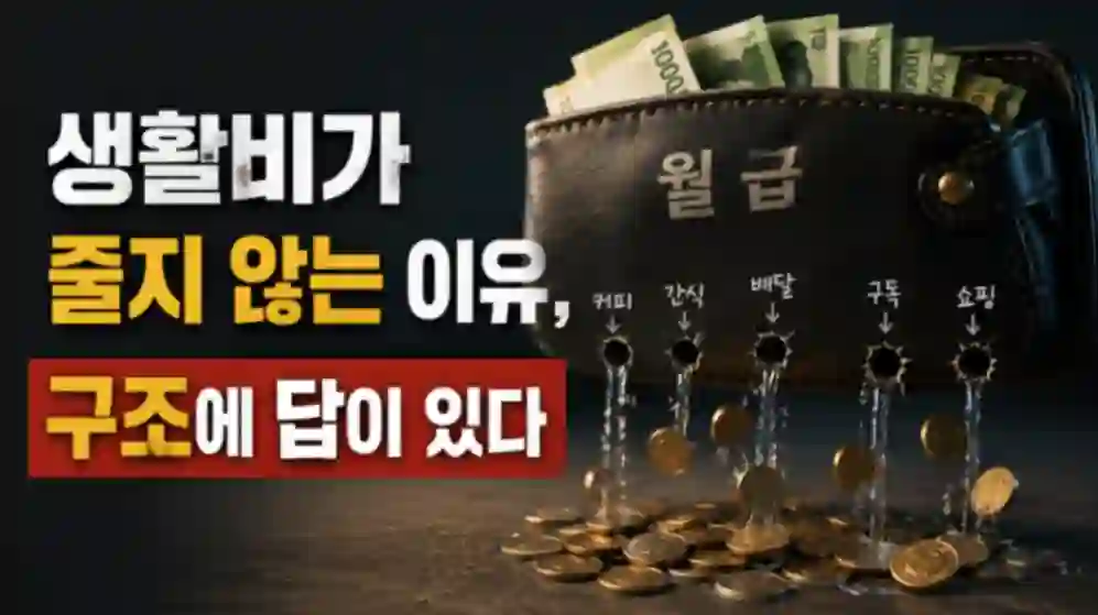 생활비가 줄지 않는 이유를 소액 지출 구조로 표현한 풍자 이미지