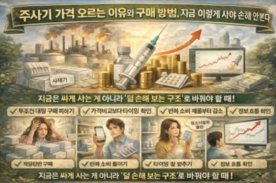 나프타 가격 상승으로 주사기 가격이 오르고 현명한 구매 방법이 중요해진 상황을 보여주는 이미지