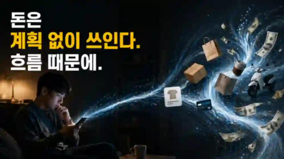 계획 없이 소비가 흐름처럼 이어지며 돈이 빠져나가는 구조를 표현한 이미지