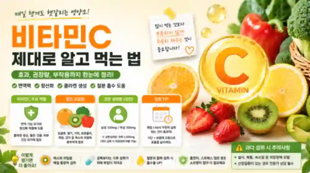 비타민C 효능과 올바른 섭취 방법을 설명하는 인포그래픽 이미지 