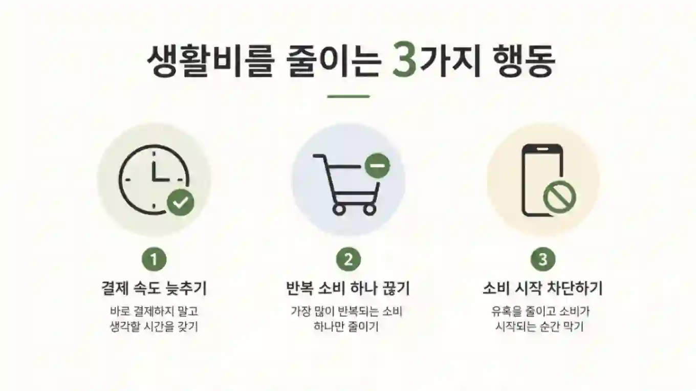 생활비 절약을 위한 세 가지 핵심 행동을 간단히 정리한 이미지