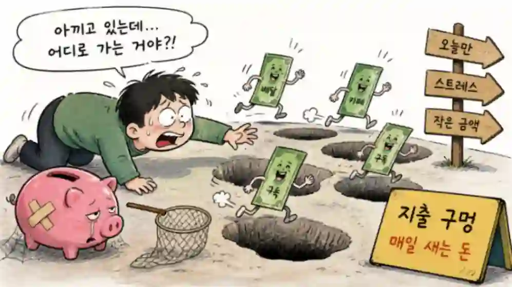 절약하려 하지만 반복되는 소비로 돈이 계속 새는 모습을 풍자적으로 표현한 이미지